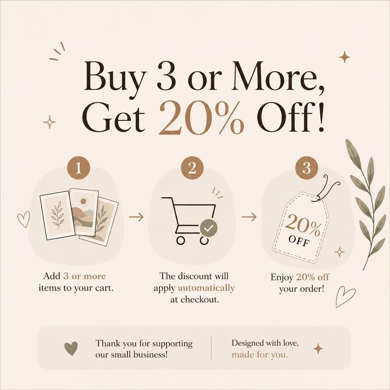 K&ouml;nnte beinhalten: Eine beige Werbegrafik mit dunkelbraunem Text Buy 3 or More, Get 20% Off! Sie zeigt drei nummerierte Schritte: Artikel in den Warenkorb legen, automatische Rabattanwendung und ein 20% off Etikett. Enth&auml;lt botanische Illustrationen und Herzen.