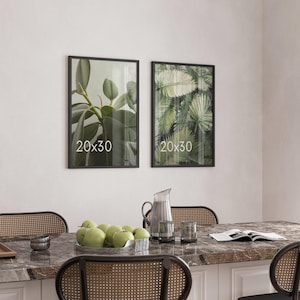 May include: Two rectangular wall frames with black borders, each displaying the text 20x30. The left frame shows green rubber plant leaves, and the right frame shows green palm fronds. The frames are mounted on a plain wall.