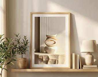 Abstract Balance Wall Art, Minimalist Beige Sculpture Poster (Digital Download)