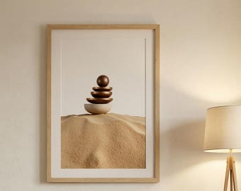 Zen Balance Bronze Sculpture Print, Japandi Minimalist Wall Art (Digital Download)