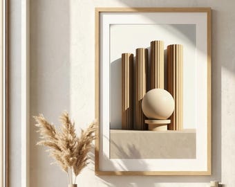 Japandi Abstract Sphere Column Art Print, Neutral Scandinavian Minimalist Decor (Digital Download)