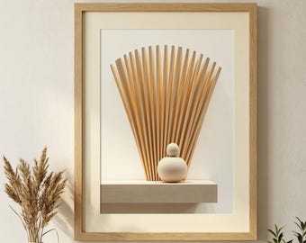 Japandi Wood Fan Abstract Wall Art, Neutral Scandinavian Sculpture Print (Digital Download)