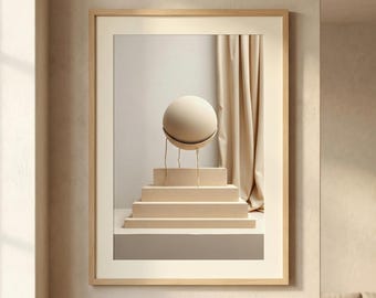 Japandi Sphere Pedestal Art Print, Neutral Abstract Architecture Gallery Wall Decor (Digital Download)