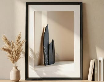 Black Stone Sculpture Art Print, Japandi Minimalist Abstract Poster (Digital Download)