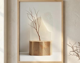 Japandi Stone Branch Art Print, Neutral Abstract Scandinavian Zen Poster (Digital Download)