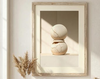 Wabi Sabi Cracked Sphere Printable Art, Neutral Japandi Minimalist Abstract Poster (Digital Download)