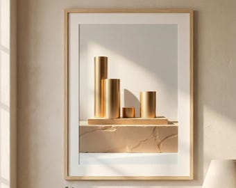 Gold Cylinder Abstract Print, Luxury Geometric Japandi Wall Art (Digital Download)