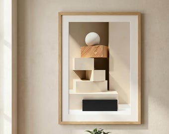 Japandi Abstract Stone Block Art, Neutral Geometric Scandinavian Print (Digital Download)