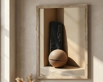 Japandi Sphere Sculpture Abstract Wall Art, Black Stone Scandinavian Print (Digital Download)