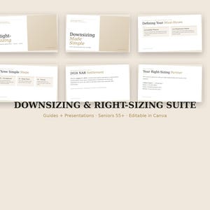 Downsizing-Leitfaden für Senioren über 55 Jahre, richtige Größe für Senioren, bearbeitbare Canva Realtor Listing-Präsentation, NAR 2024 aktualisiert