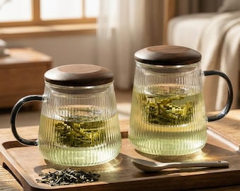Japanische Glas Teebecher mit Infuser und Deckel | 400ml & 450ml Borosilikat Teekanne | Minimalistische Infuser-Tasse | Heimat Tee Tasse