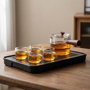 Könnte beinhalten: Ein Teegeschirr aus Glas mit einer Teekanne und vier kleinen Teetassen, gefüllt mit Tee, auf einem schwarzen Tablett. Die Teekanne hat einen Holzgriff und Deckel. Das Set steht auf einem Holztisch.