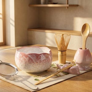 Crystal Glazed Matcha Tea Set, Petal-Edge Ceramic Bowl , Matcha Kit Set: Whisk Holder, Bamboo Whisk, Scoop, Strainer & Tea Mat, Mothers Day