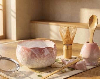 Crystal Glazed Matcha Tea Set, Petal-Edge Ceramic Bowl , Matcha Kit Set: Whisk Holder, Bamboo Whisk, Scoop, Strainer & Tea Mat, Mothers Day