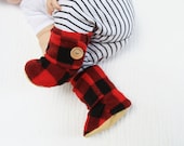 Red and Black Lumber Jack Baby Booties. Leather Soled Polar Fleece Boots. Children Fashion. Toddler Shoes. Soft Soled.