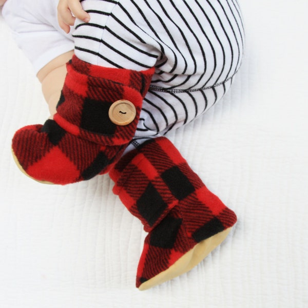 Red and Black Lumber Jack Baby Booties. Leather Soled Polar Fleece Boots. Children Fashion. Toddler Shoes. Soft Soled.