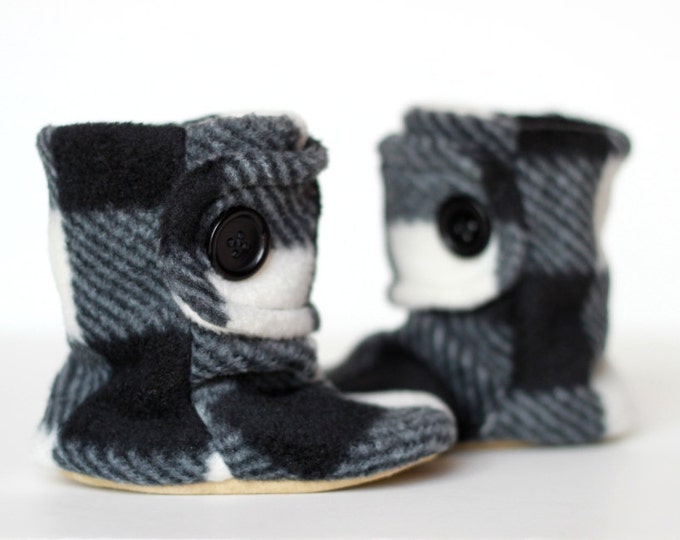 Black and White Plaid Leather Soled Polar Fleece Baby Booties. Etsy
