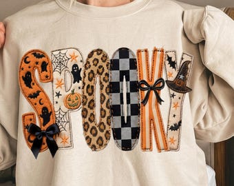 不気味なレトロチェック柄PNG、パッチワークヒョウ柄ハロウィン昇華デザイン、ガーリーなレトロ不気味なグラフィック、縫い付けパッチパンプキンゴーストPNG