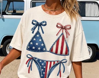 Patchwork Bikini Top PNG, USA Denim Swimsuit Shirt Design, Trendy Summer Sublimation Design, Girly Beach Png