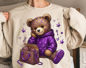 Luxury Teddy Bear PNG, Trendy Luxury Streetwear Fashion Design, gift, Designer Monogram, Urban Graffiti