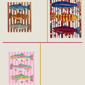 May include: Three distinct rectangular art prints featuring fish on grills. The top left shows three trout on a brown grill. The top right displays three trout on a red, white, and blue grill with star accents. The bottom left shows three trout on a pink grill.