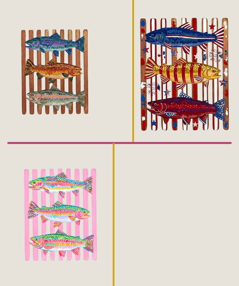 May include: Three distinct rectangular art prints featuring fish on grills. The top left shows three trout on a brown grill. The top right displays three trout on a red, white, and blue grill with star accents. The bottom left shows three trout on a pink grill.