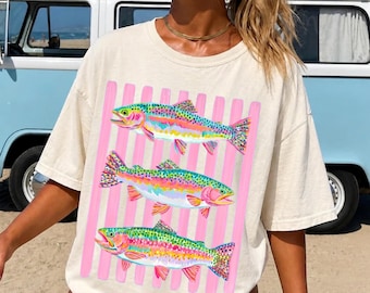 Colorful Trout PNG Sublimation Design, Retro Fishing PNG, Preppy Rainbow Fish Shirt Graphic Digital Download