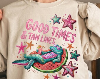 Good Times & Tan Lines PNG Sublimation Design, Funny Alligator Beach Summer Shirt Graphic Download