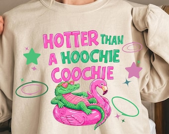 Hotter Than A Hoochie Coochie PNG, Alligator Flamingo Floatie.Hotter Than A Hoochie Coochie' alligator theme in a retro-preppy style