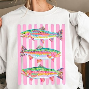Colorful Trout PNG Sublimation Design, Retro Fishing PNG, Preppy Rainbow Fish Shirt Graphic Digital Download image 2