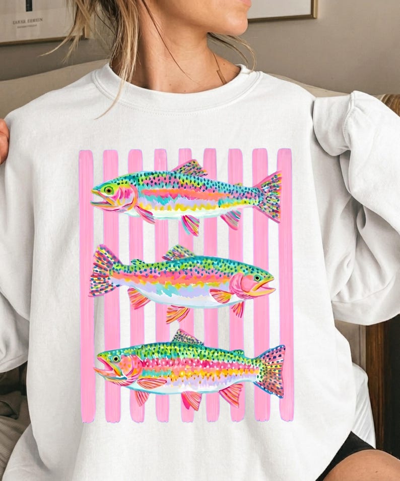 Colorful Trout PNG Sublimation Design, Retro Fishing PNG, Preppy Rainbow Fish Shirt Graphic Digital Download image 2