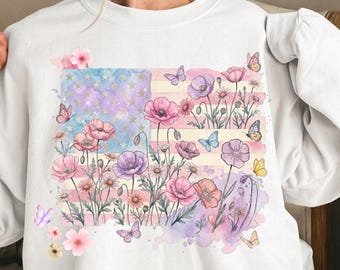 American Flag Floral PNG, Patriotic Wildflower USA Sublimation Design, Boho 4th Of July Shirt Graphic, Poppy And Daisy Flag PNG