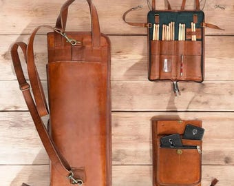 Borsa per bacchette in pelle fatta a mano - Tracolla in pelle di capra, accessorio per batterista, ganci per tom da terra