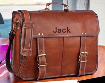 Personalized Leather Messenger Laptop Bag, Vintage Brown Satchel, Monogram Crossbody Briefcase