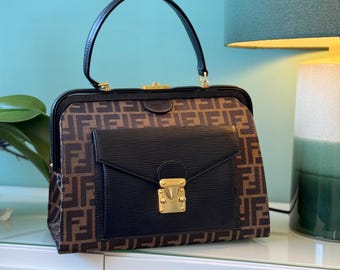 Fendi Vintage Doctor Bag 1980s – Zucca Canvas & Black Leather, Gold Hardware, Rare Authentic Handbag