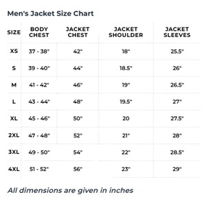 Pu&ograve; includere: Un grafico bianco intitolato "Tabella taglie giacca da uomo" con misure in pollici. Il grafico include le misure di petto, giacca, spalle e maniche per le taglie XS-4XL.