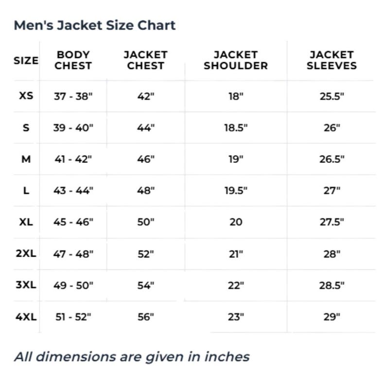Pu&ograve; includere: Un grafico bianco intitolato "Tabella taglie giacca da uomo" con misure in pollici. Il grafico include le misure di petto, giacca, spalle e maniche per le taglie XS-4XL.