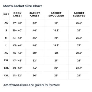 May include: A white chart titled "Men's Jacket Size Chart" with size measurements in inches. The chart includes body chest, jacket chest, jacket shoulder, and jacket sleeves measurements for sizes XS to 4XL.