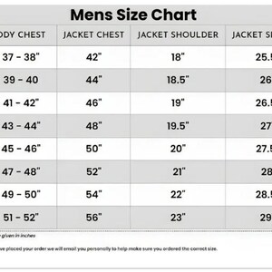 May include: A size chart table titled Mens Size Chart with columns for Size, Body Chest, Jacket Chest, Jacket Shoulder, and Jacket Sleeves. Rows list sizes from XS to 4XL with corresponding measurements in inches. Text at the bottom states all dimensions are given in inches and notes that an email will be sent to confirm the correct size.