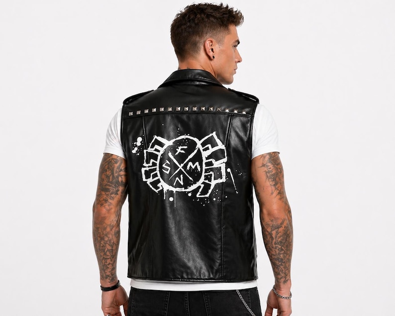 Pu&ograve; includere: Gilet in pelle nera con borchie argentate sul colletto. La parte posteriore presenta un design grafico bianco con le lettere "SFM" e una croce. Il gilet &egrave; indossato sopra una maglietta bianca.