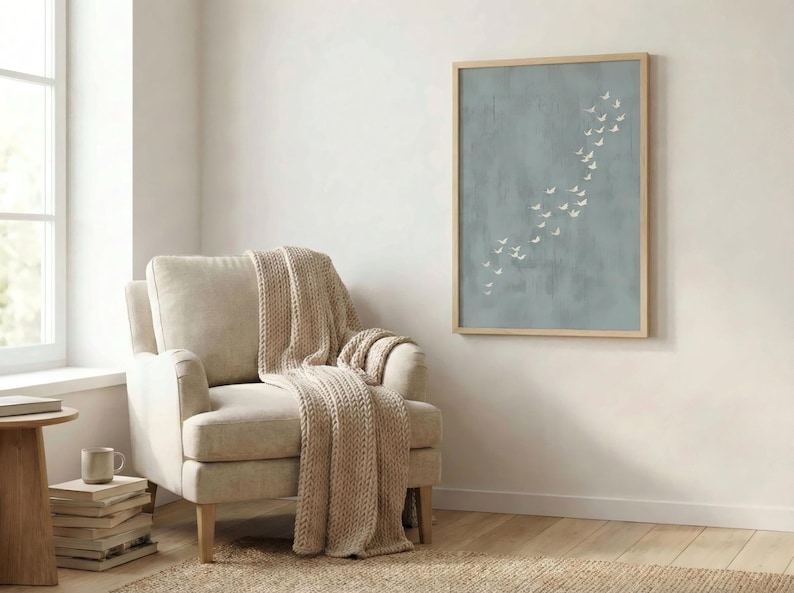 May include: A light beige armchair with a matching knitted throw. A framed artwork with a light blue background and white bird silhouettes hangs on the wall. The room has a neutral color palette with a wooden floor and a small side table.