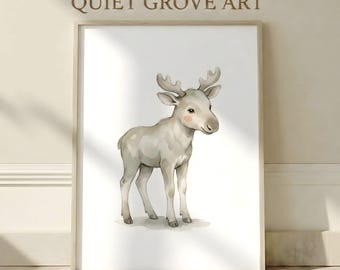 Watercolor Baby Moose Printable Wall Art, Neutral Woodland Nursery Digital Download, Minimalist Cozy Forest Animal Poster for Kids Room