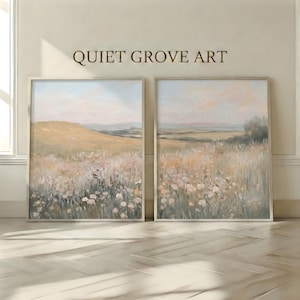 Pastel Meadow Diptych Impressionist Printable Wall Art Set of 2, Soft Wildflower Landscape Posters, Cozy Modern Japandi Decor