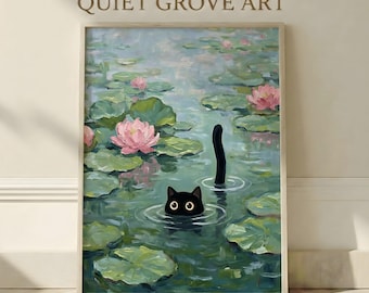 May include: A framed art print titled "QUIET GROVE ART" depicts a whimsical scene of a black cat in a pond with lily pads and pink lotus flowers. The cat's head and tail are visible above the water's surface, creating a playful and serene atmosphere.