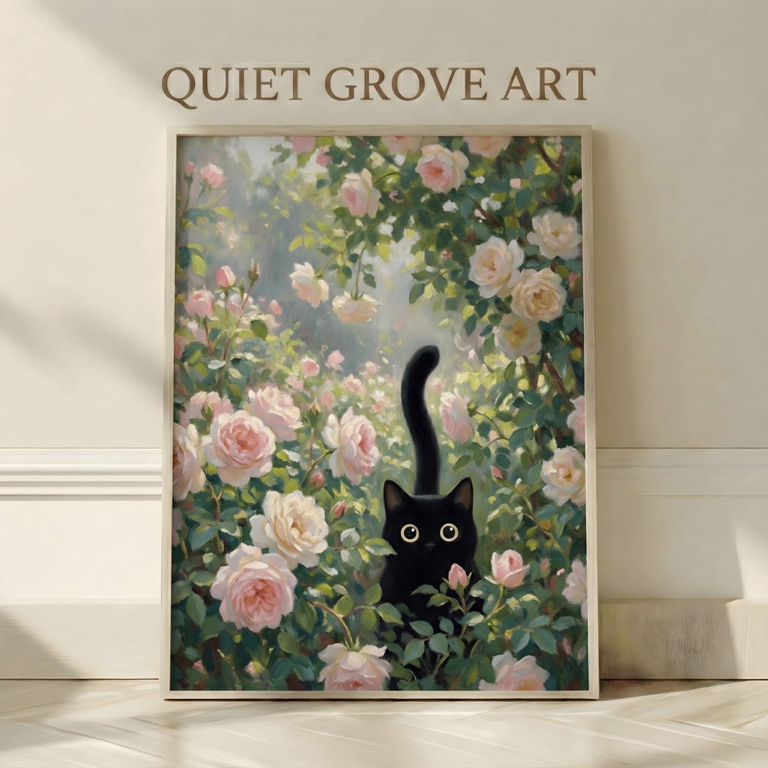 Monet-inspired Black Cat Rose Garden Printable Wall Art, Romantic ...