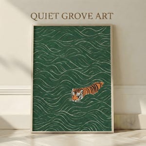 Emerald Green Swimming Tiger Printable Wall Art, Japanese Woodblock Wave Minimalist Animal Poster, Modern Zen Decor for Living Room Bedroom
