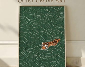 Arte de pared imprimible de tigre nadando verde esmeralda, póster minimalista de animales con olas en xilografía japonesa, decoración zen moderna para sala de estar y dormitorio.