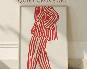 Red Minimalist Abstract Figure Printable Wall Art – Modern Line Art Poster, Warm Contemporary Decor for Living Room or Bedroom