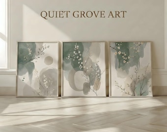 Japandi Salviablommor Set med 3, Droppande akvarellblad och grenar, Neutral Greige Skandinavisk Boho Minimalistisk Utskrivbar Väggkonst