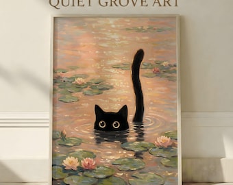 Nenúfares al atardecer inspirados en Monet, póster imprimible de un estanque impresionista dorado cálido para dormitorio, descarga digital